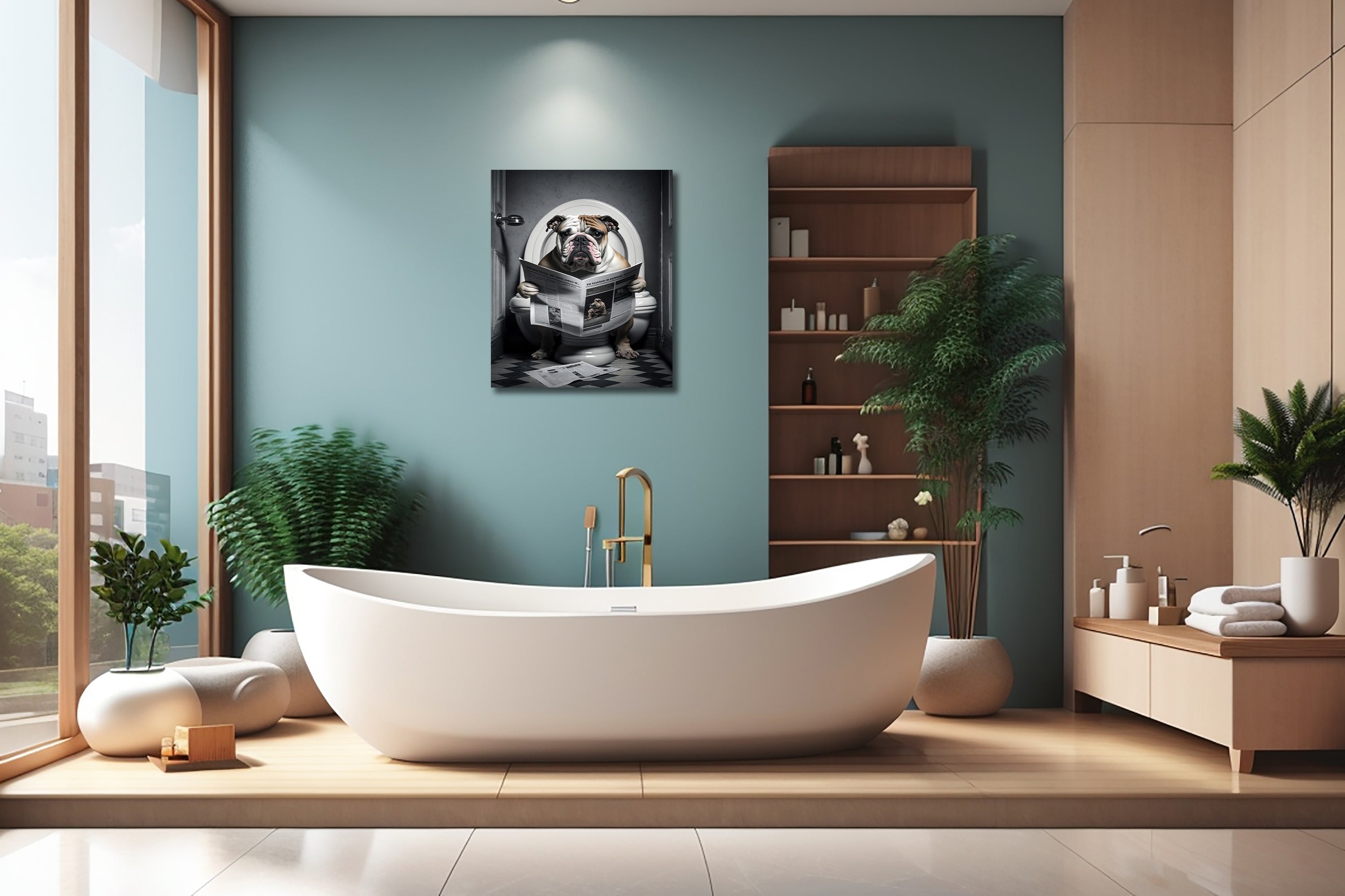 Framed 1 Panel - Bulldog in Bathroom