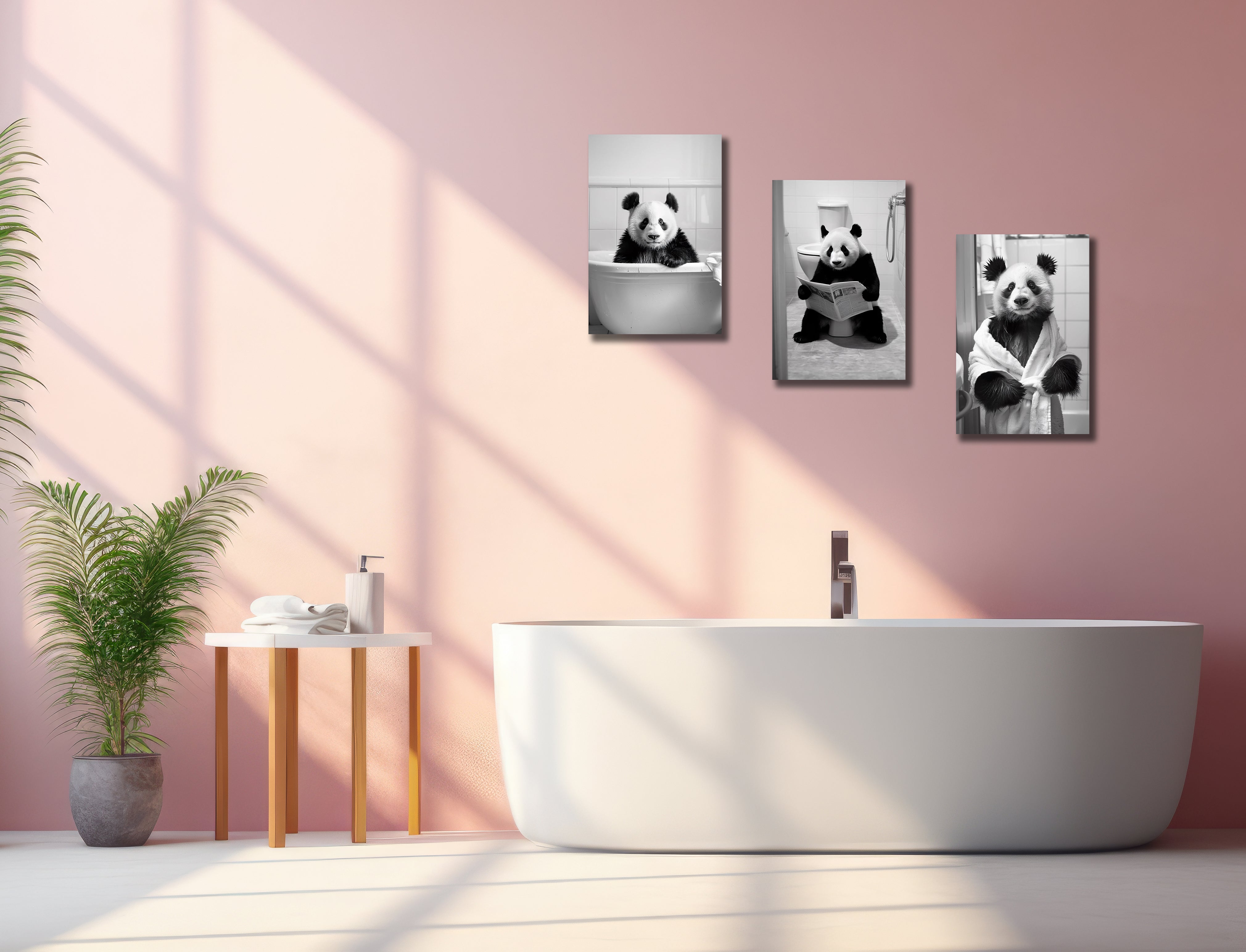 Framed 3 Panels - Panda in Bathroom