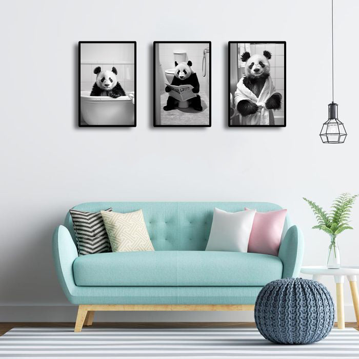 Framed 3 Panels - Panda in Bathroom