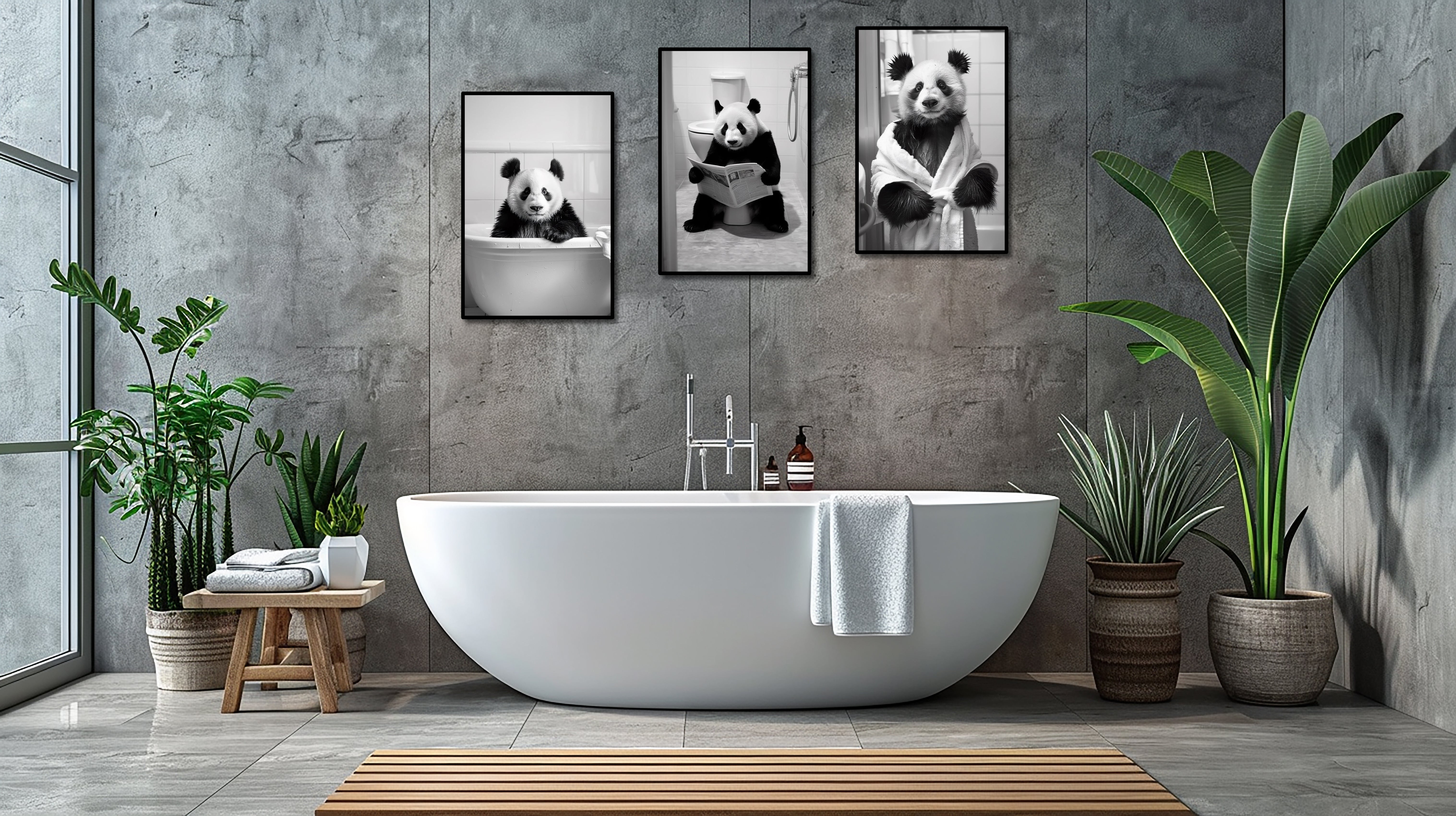 Framed 3 Panels - Panda in Bathroom