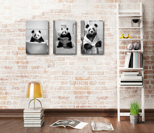 Framed 3 Panels - Panda in Bathroom