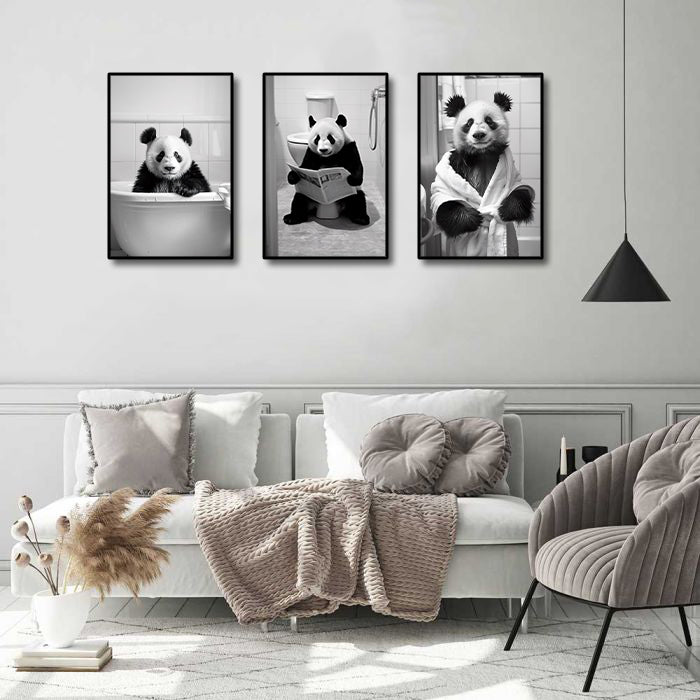 Framed 3 Panels - Panda in Bathroom