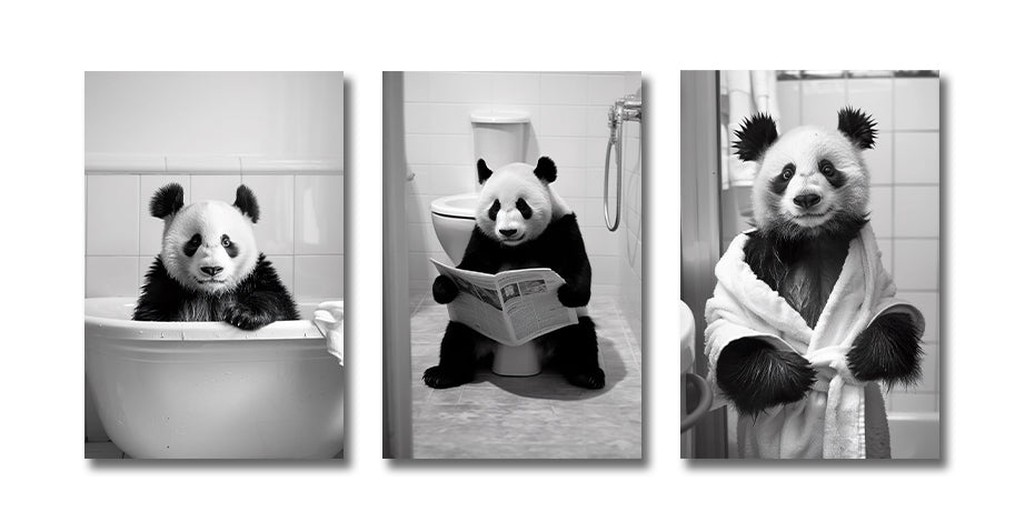 Framed 3 Panels - Panda in Bathroom