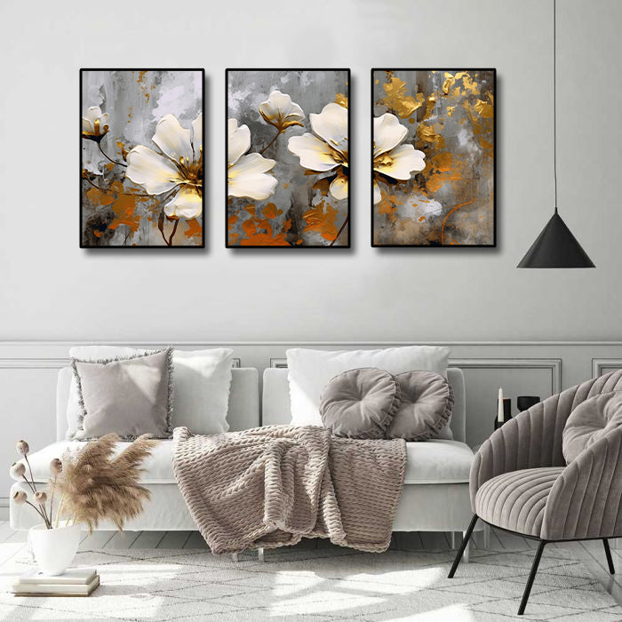 Framed 3 Panels - Flowers Leaves Triptych