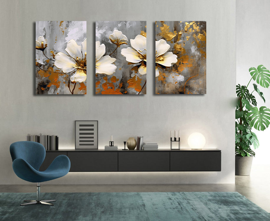 Framed 3 Panels - Flowers Leaves Triptych