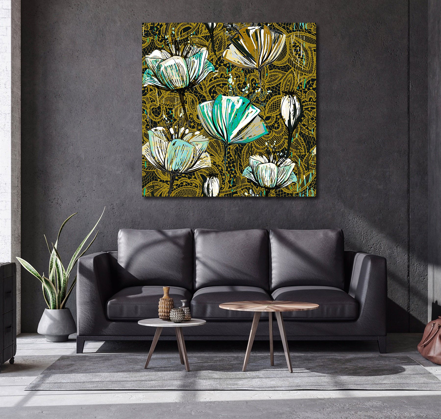 Framed 1 Panel -  Decorative Tulips, Seamless Vector Pattern.