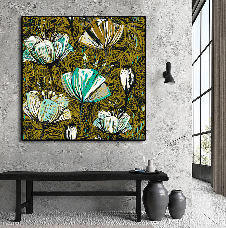 Framed 1 Panel -  Decorative Tulips, Seamless Vector Pattern.