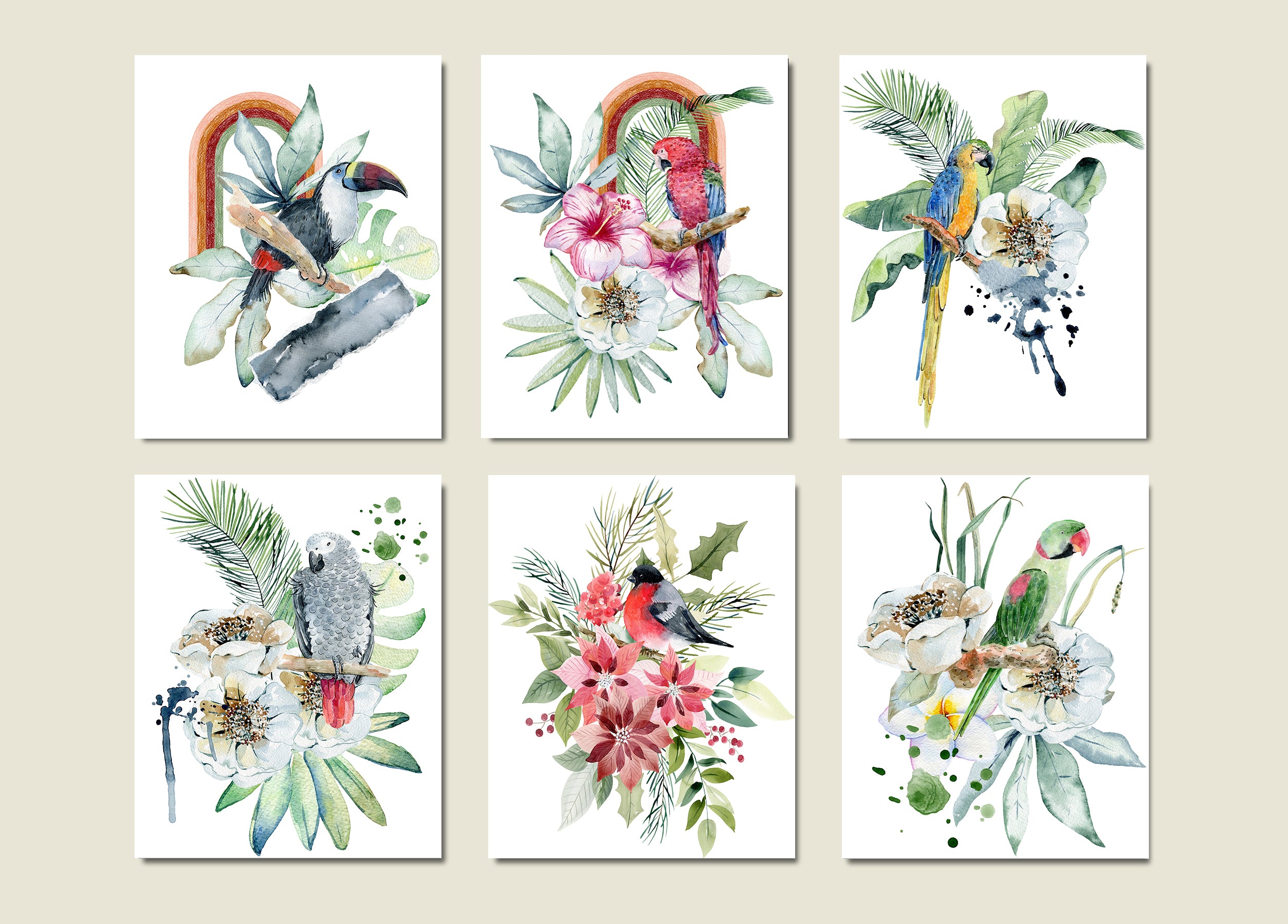 Framed 6 Panels - Birds - Watercolor