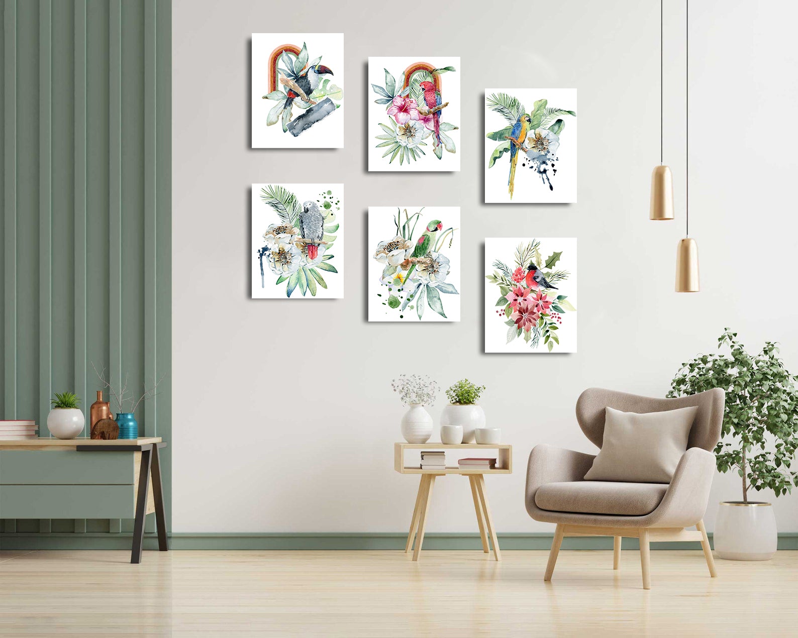 Framed 6 Panels - Birds - Watercolor