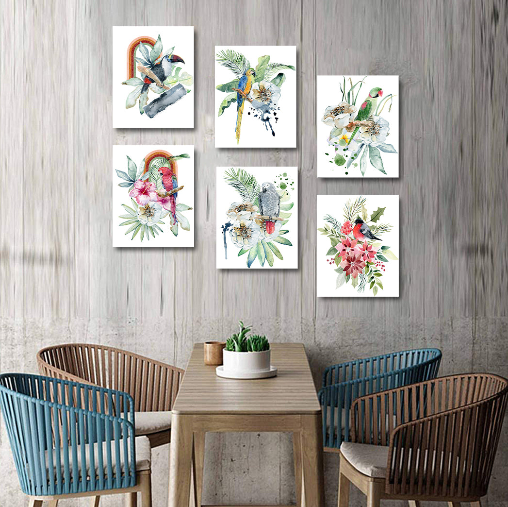 Framed 6 Panels - Birds - Watercolor