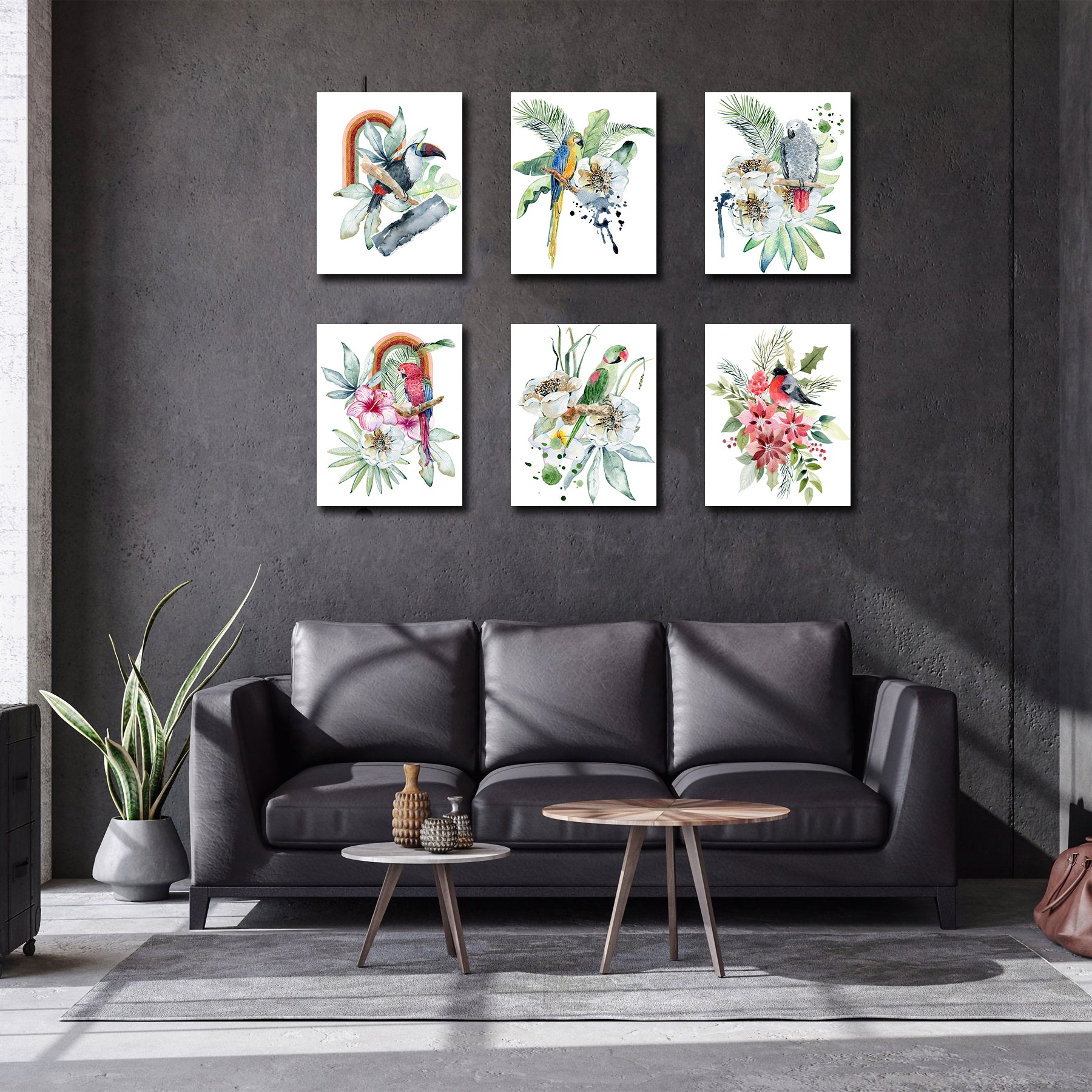 Framed 6 Panels - Birds - Watercolor