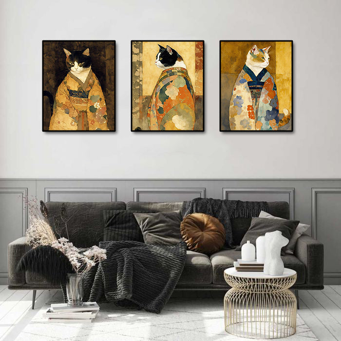 Framed 3 Panels - Cats in Kimono