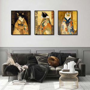 Framed 3 Panels - Cats in Kimono