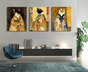 Framed 3 Panels - Cats in Kimono