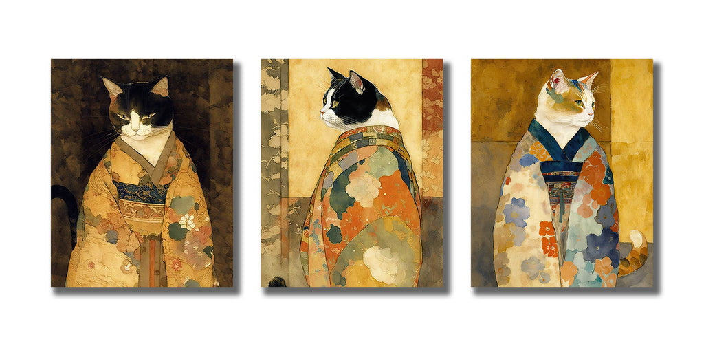 Framed 3 Panels - Cats in Kimono