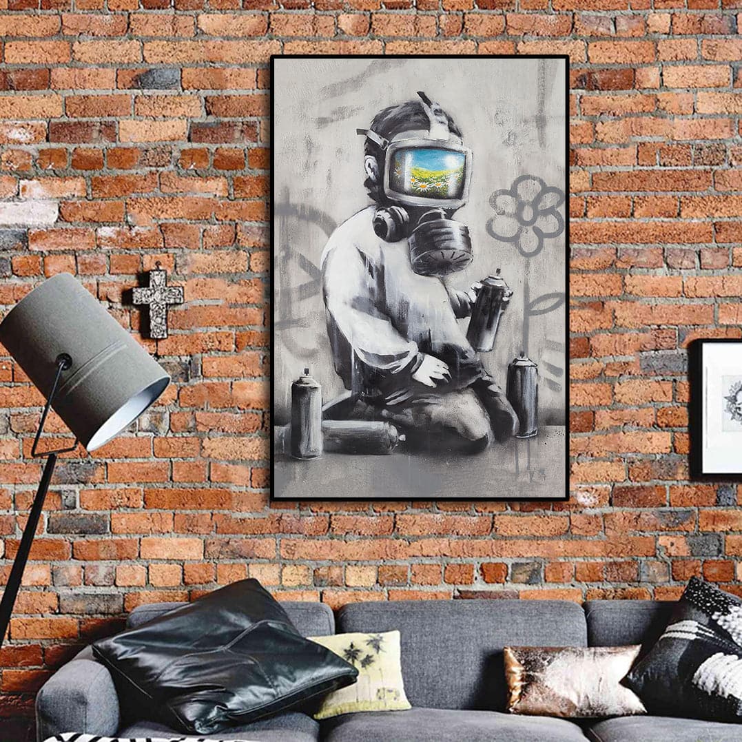 Framed 1 Panel - Banksy - Gas Mask Boy – Love Print & Free shipping NZ
