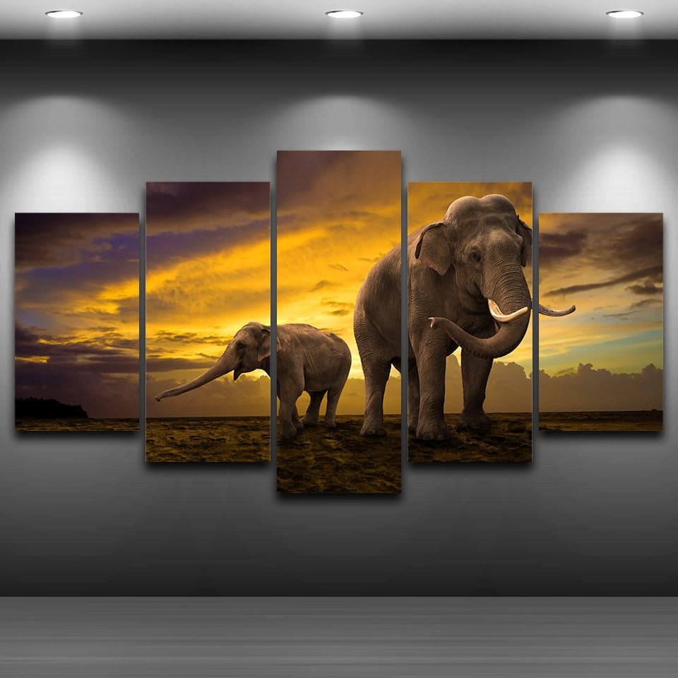 Framed 5 Panels - Elephants