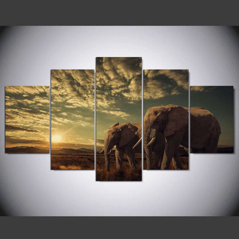 Framed 5 Panels - Elephants