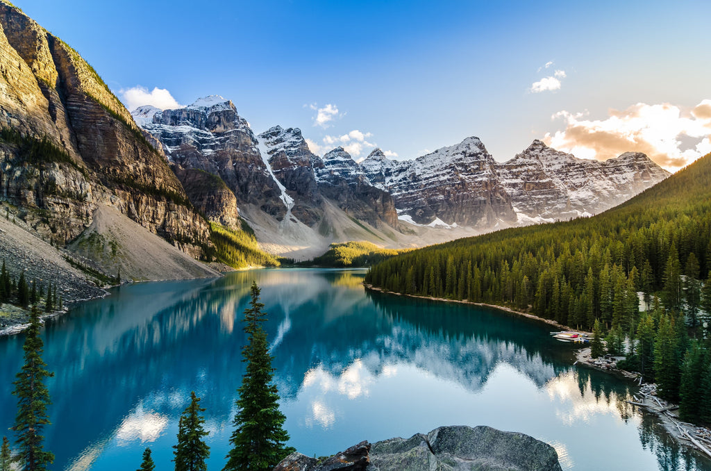 Framed 1 Panel - Scenic view of Moraine lake and mountain range at sunset