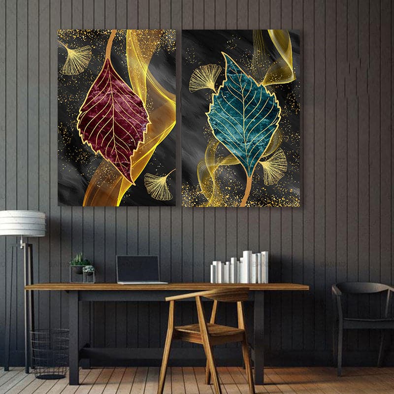 Framed 2 Panels -  Ginkgo Leaves (3D Style)