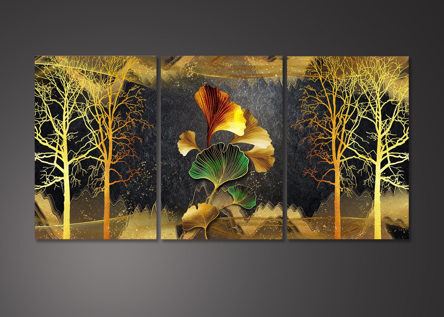 Framed 3 Panels - Golden Ginkgo (3D Style)