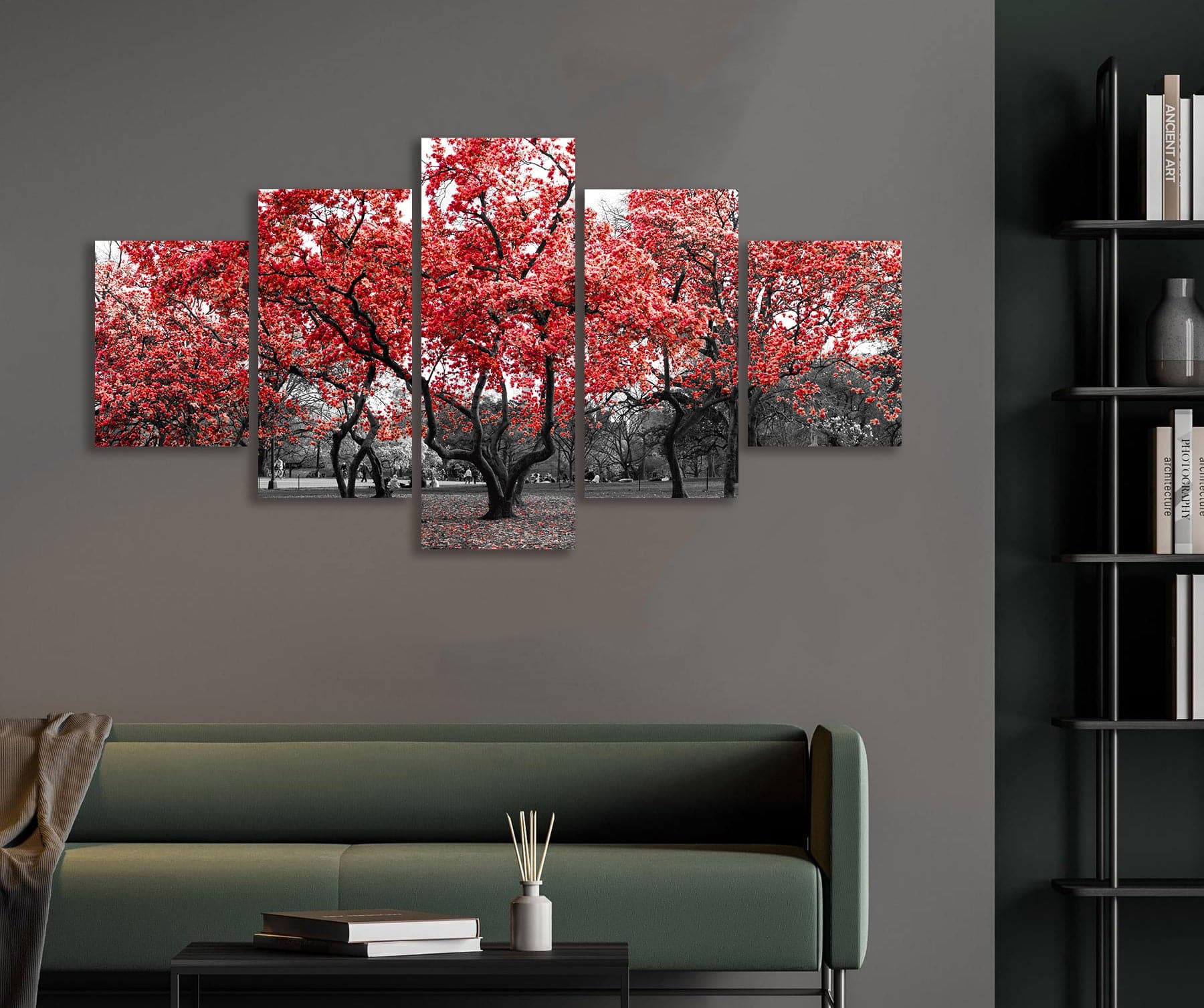 Framed 5 Panels - Red Tree