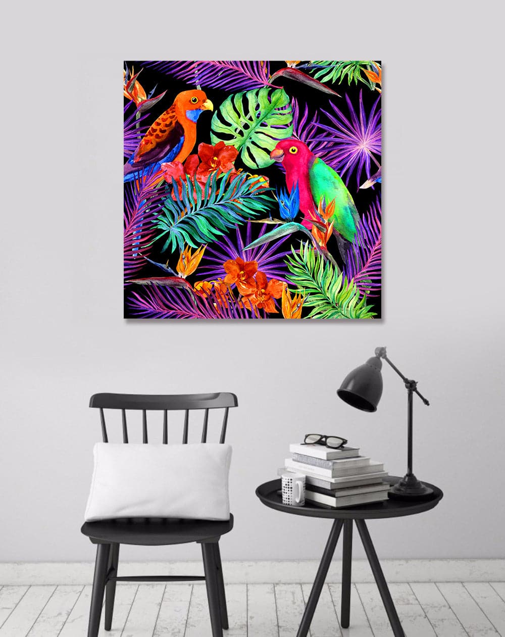 Framed 1 Panel - Watercolor - Parrot birds in neon