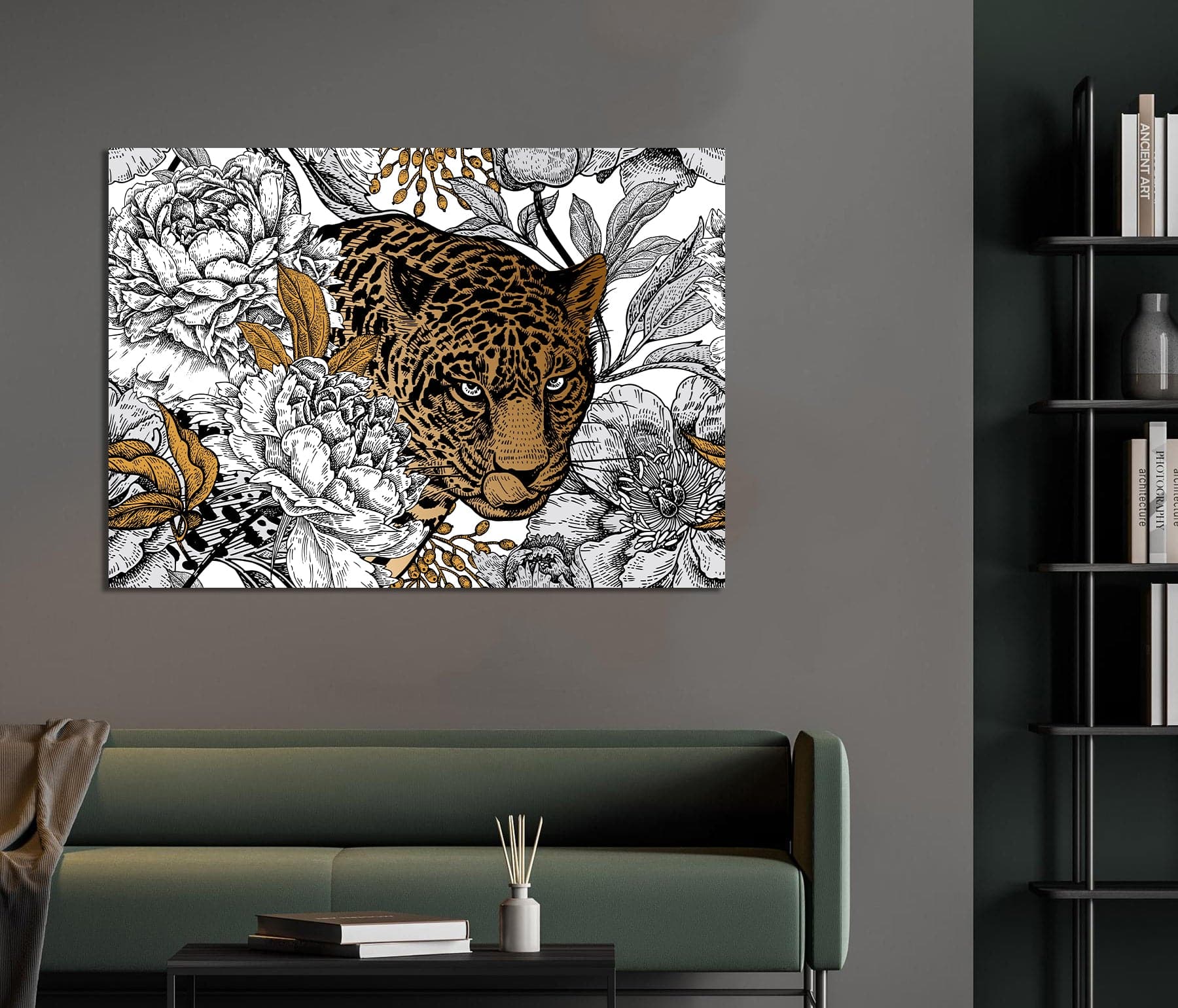 Framed 1 Panel - Seamless Floral Pattern with Leopard and Peonies