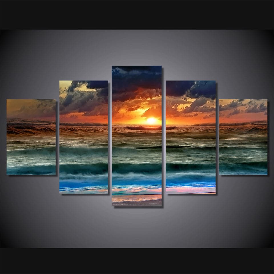 Framed 5 Panels - Sunset on the beach