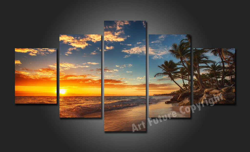 Framed 5 Panels - Sunset On Fiji