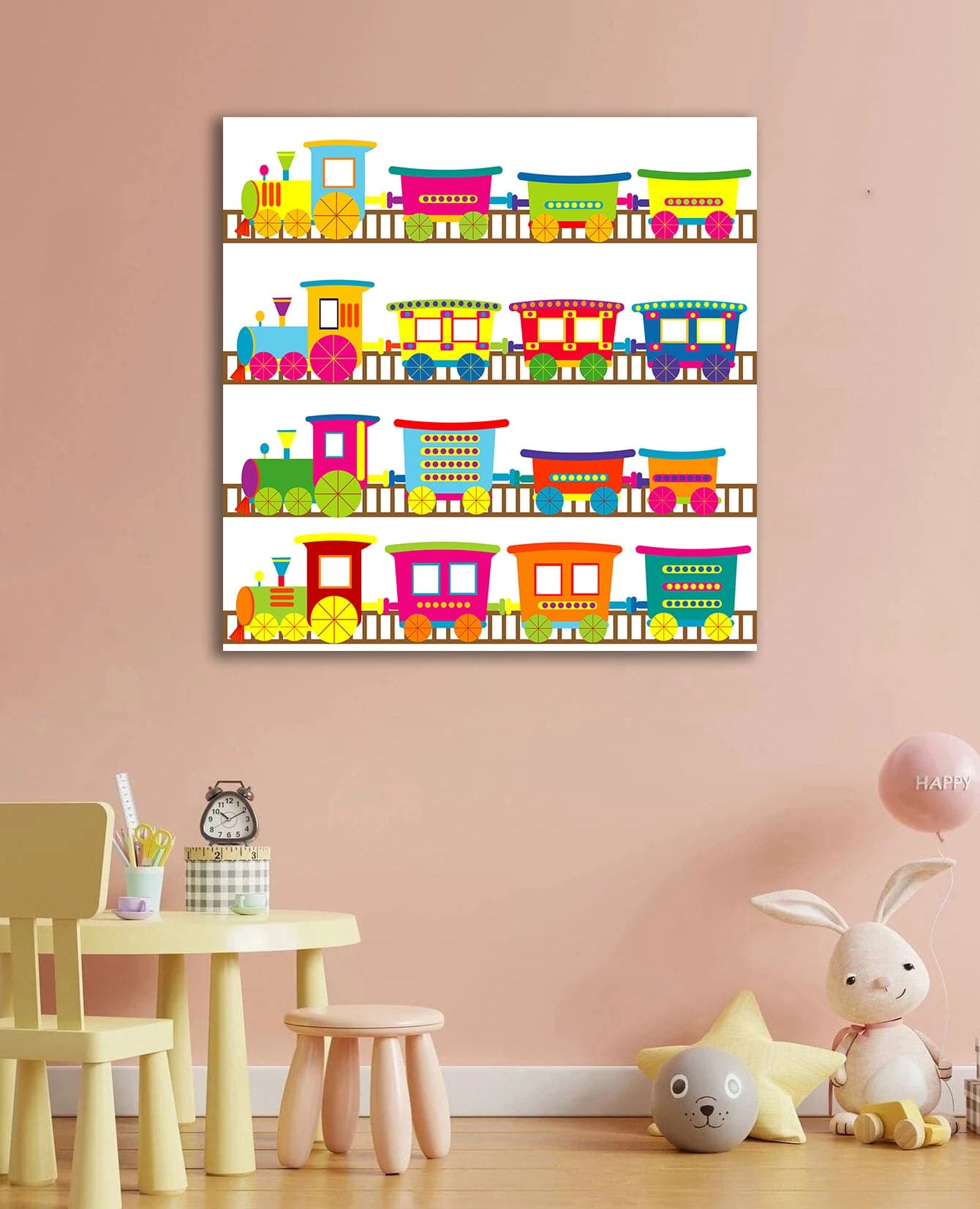 Framed 1 Panel - Kids Room - Cute Colorful Trains