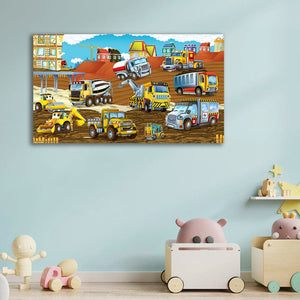 Framed 1 Panel  - Kids Room - Cute Construction Site Vehicles