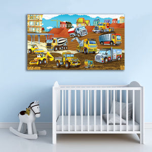 Framed 1 Panel  - Kids Room - Cute Construction Site Vehicles