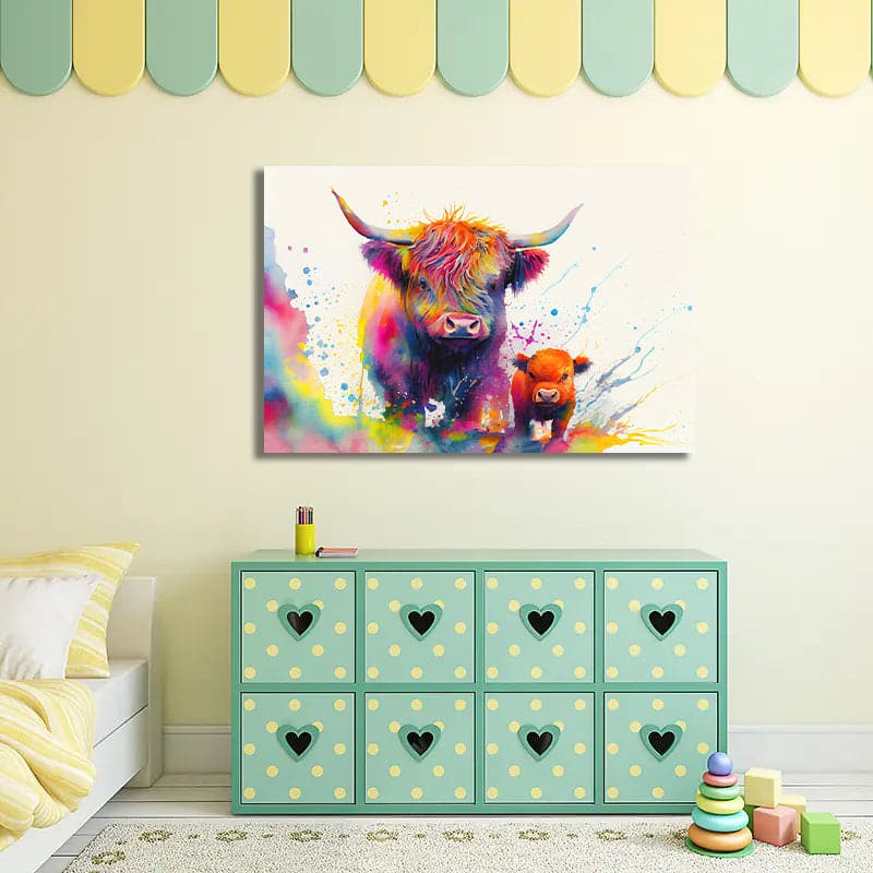 Framed 1 Panel  - Kids Room - Highland Cow and Baby Calf